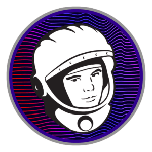 Yuri's Night Logo of Yuri in Helmet with a purple background